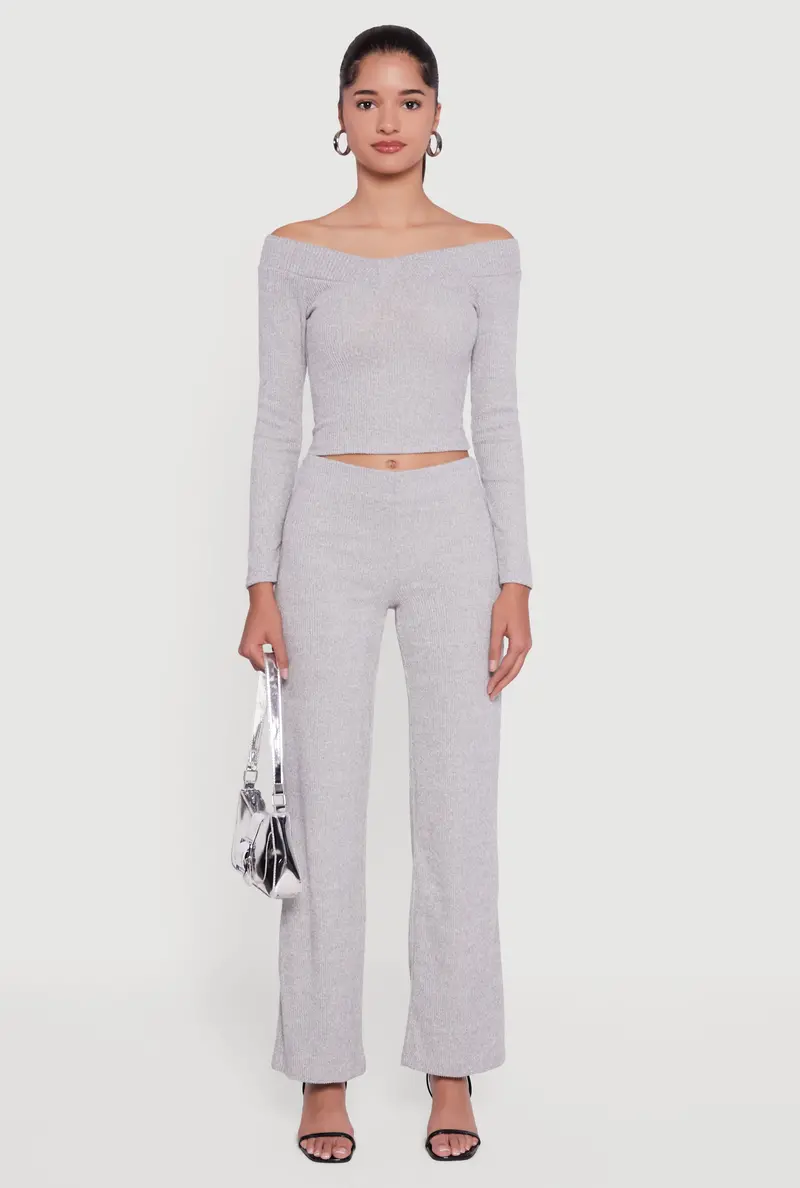 Pull-On Ribbed Knit Straight-Leg Pants 1