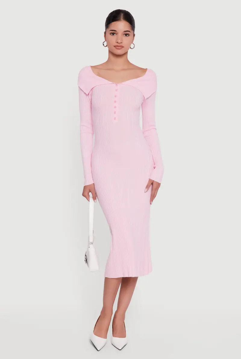 Quarter-Button Rib-Knit Sweater Dress With Fold-Over Front 1