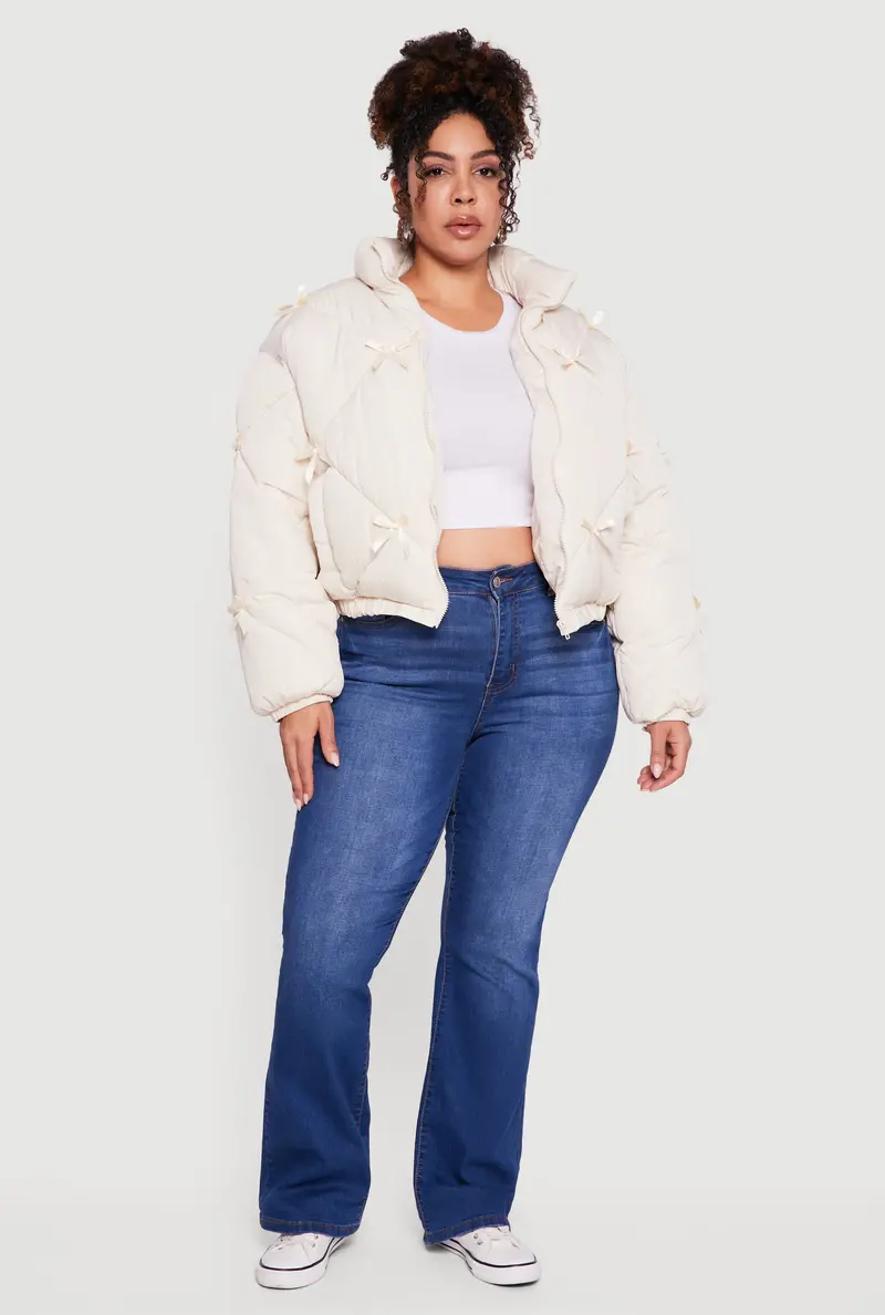 Quilted Bow-Embellished Puffer Jacket – Extended Sizes 1