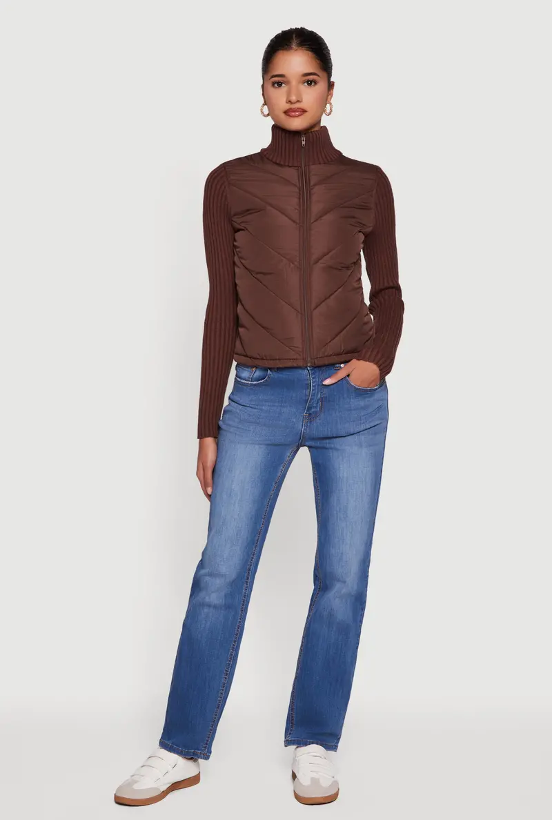 Quilted Puffer Jacket With Ribbed Knit Sleeve Detail 1