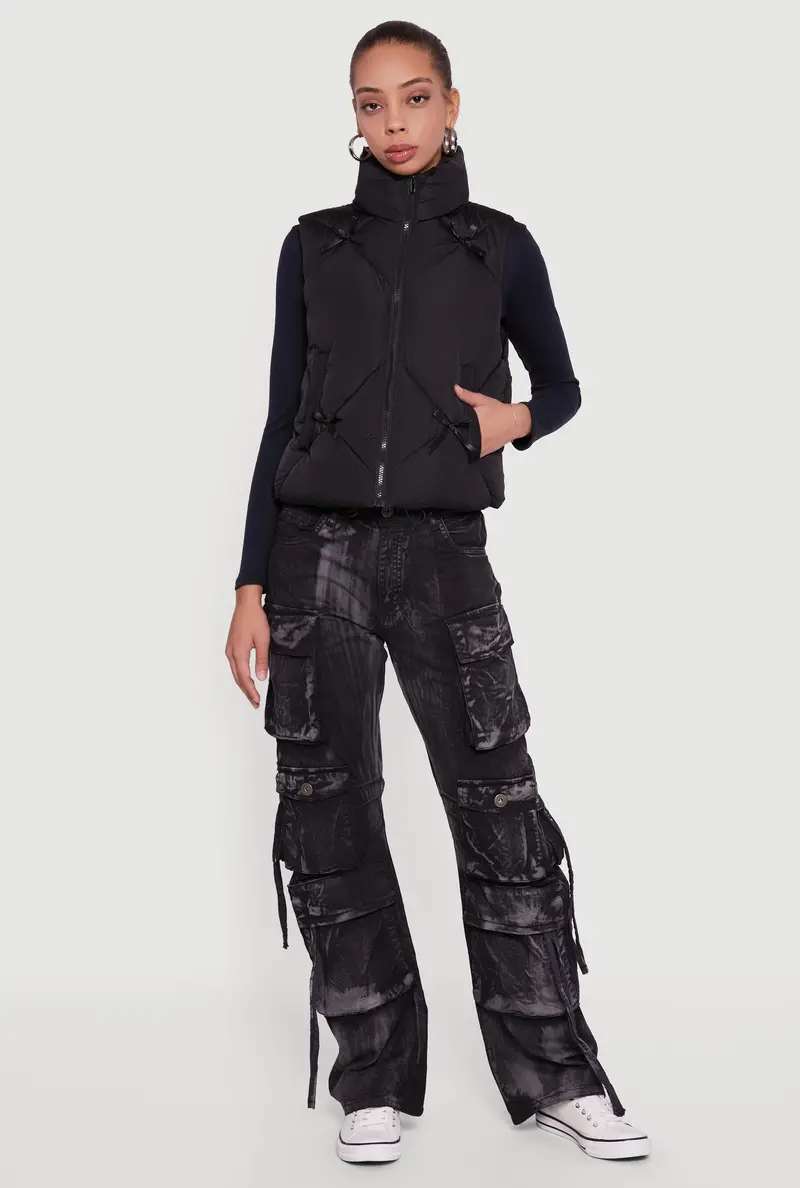 Quilted Puffer Vest With Decorative Bow Accents 1