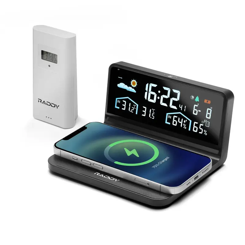 Raddy Dt5-W Qi Wireless Charging Weather Station – 15W Fast Charging Base, Color Display, Wireless Sensors, Alarm & Snooze Functions 1