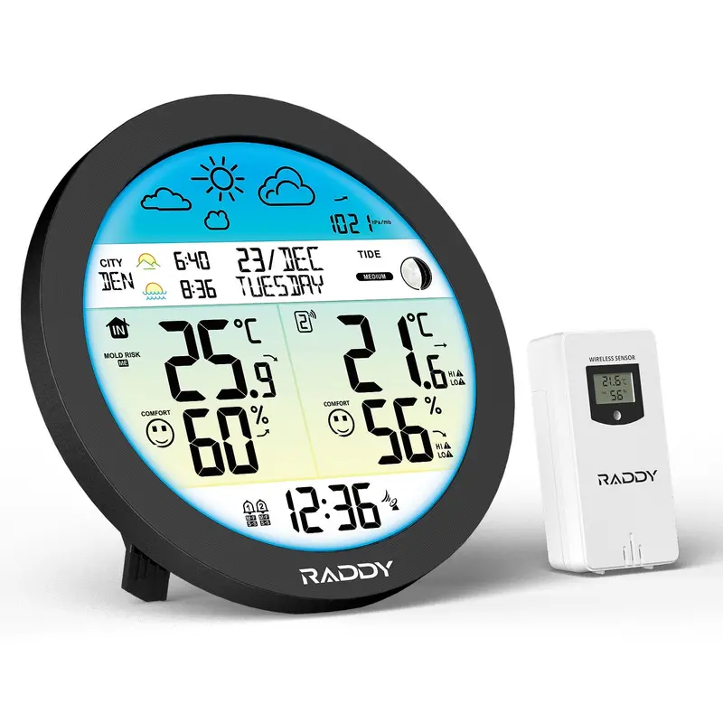 Raddy Dt7 Large-Display Weather Station – Htn Color Screen, Sunrise/Sunset Times, Atomic Clock Sync, Forecast & Alert Notifications 1