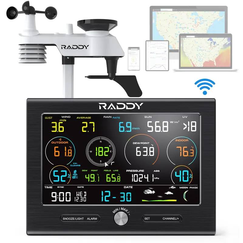 Raddy L7 Lora-Based Wi-Fi Weather Station – 7.2" Color Display, 1.9-Mile Range, Rain Gauge, Thermometer & Hygrometer 1