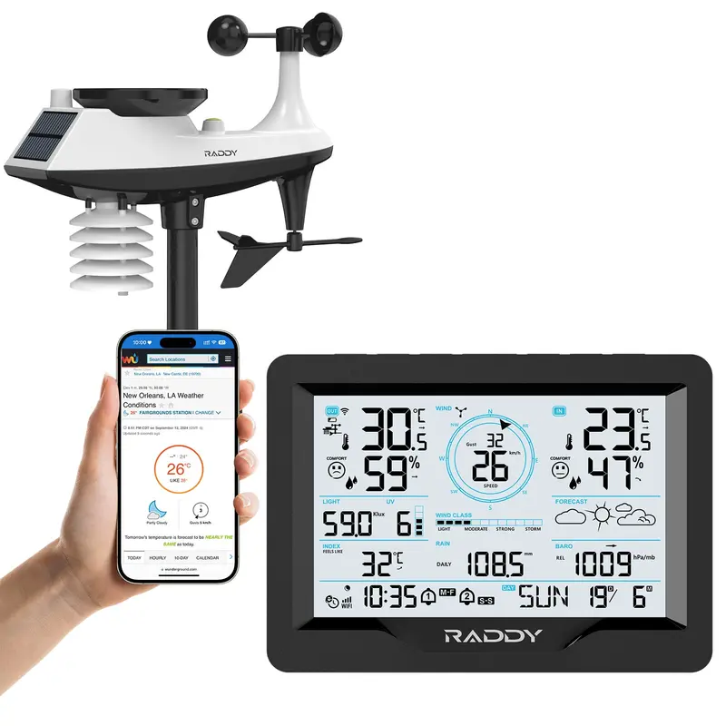Raddy Mn6 Advanced Wi-Fi Weather Station – 15-Sensor Wireless System, Forecast Accuracy, Adjustable Backlight Display 1