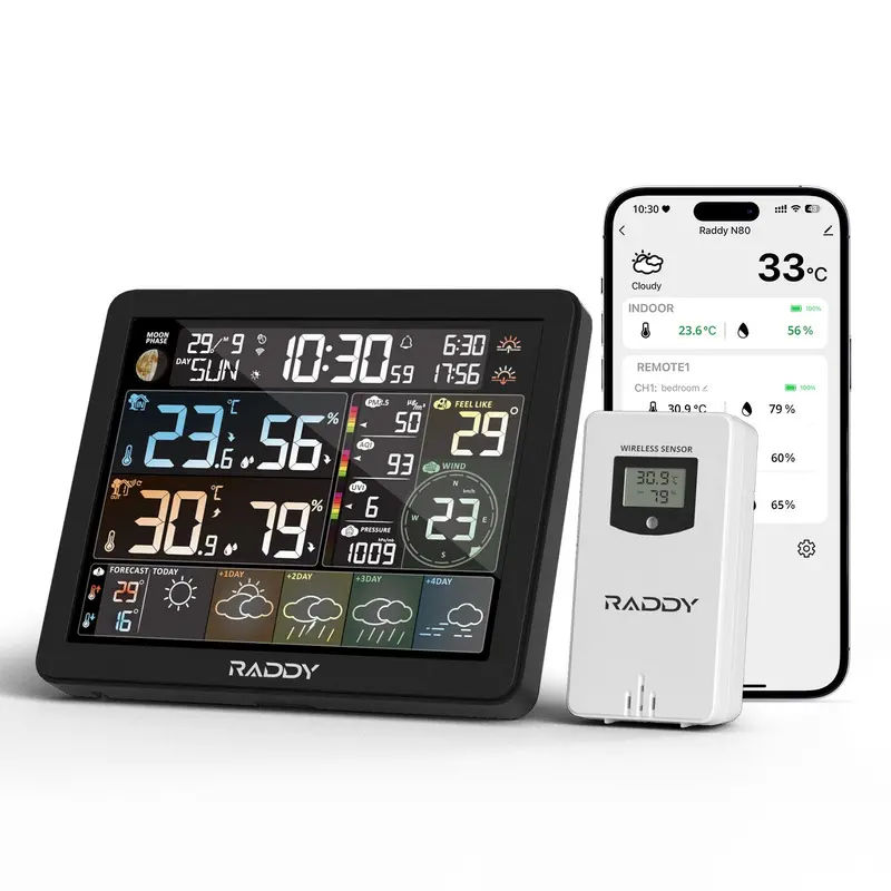 Raddy N80 Smart Wi-Fi Weather Station – App-Controlled, 8" Display, Sunrise/Sunset Data, Pm2.5/Aqi/Uv Index & Customizable Alarms 1