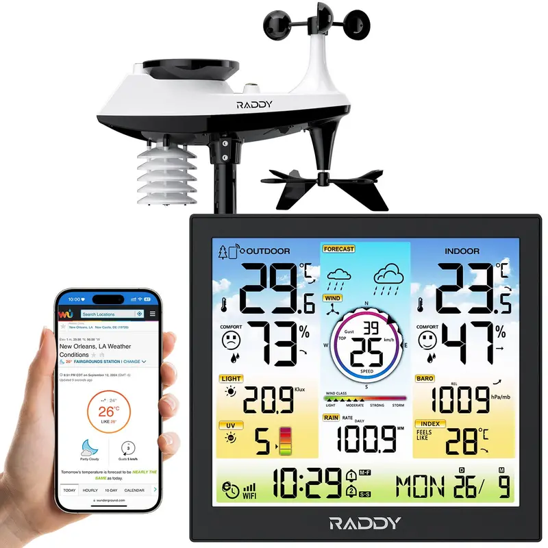 Raddy Wf-120C Wi-Fi Weather Station With 10-Inch Color Display, Rain Gauge, Uv Index & Forecasting 1