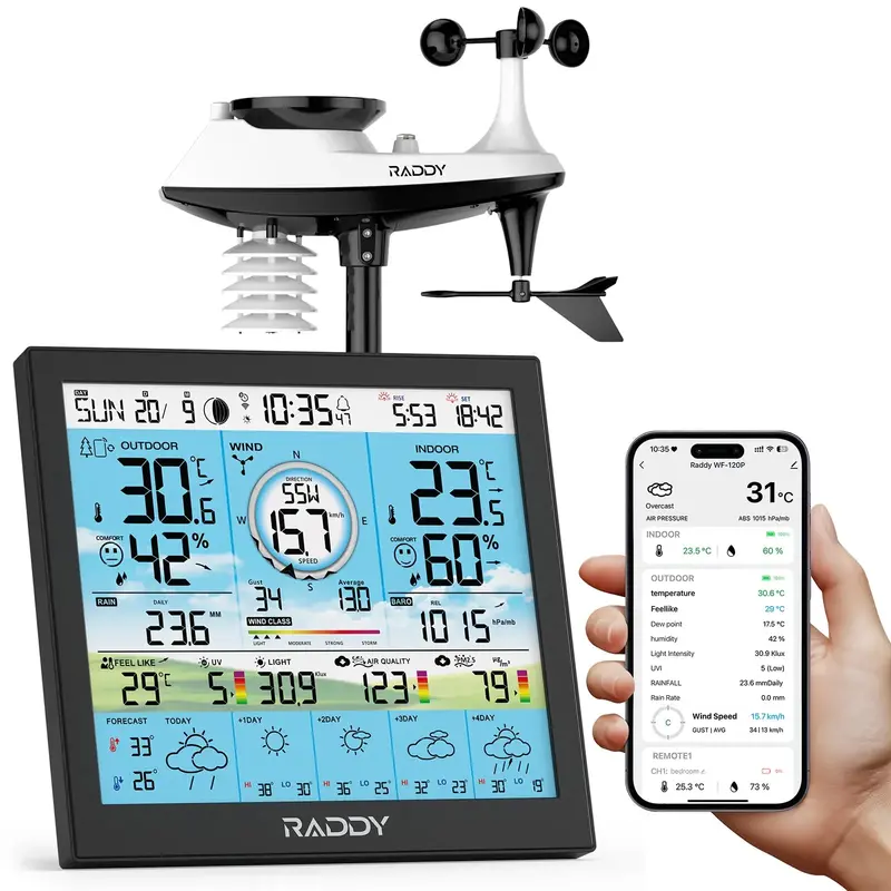 Raddy Wf-120P Smart Wi-Fi Weather Station — 10" Htn Color Display, 7-In-1 Outdoor Sensor, Pm2.5/Aqi, Uv/Light Index, 5-Day Forecast & Farm-Ready Monitoring 1