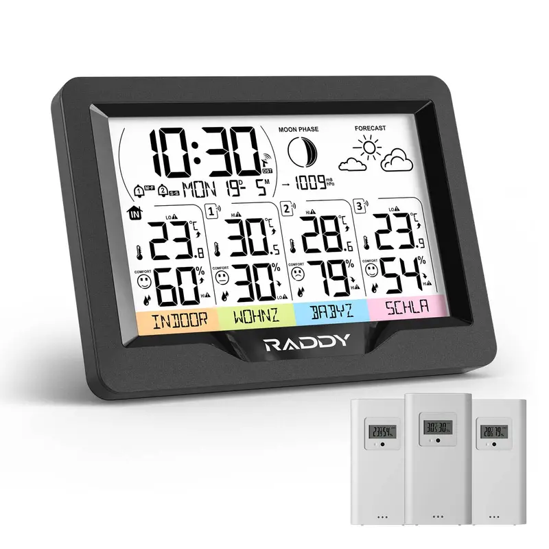 Raddy Wf-60M Precision Weather Station – Custom Sensor Naming, 3 Remote Sensors, Dcf Atomic Clock Sync, High/Low Temperature Alerts & Forecast 1