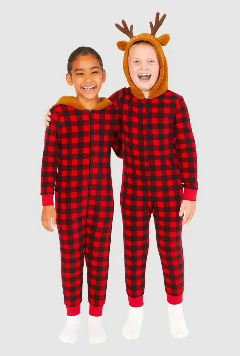 Reindeer Hooded Buffalo Plaid Onesie – Family Pajama Set For Kids 1