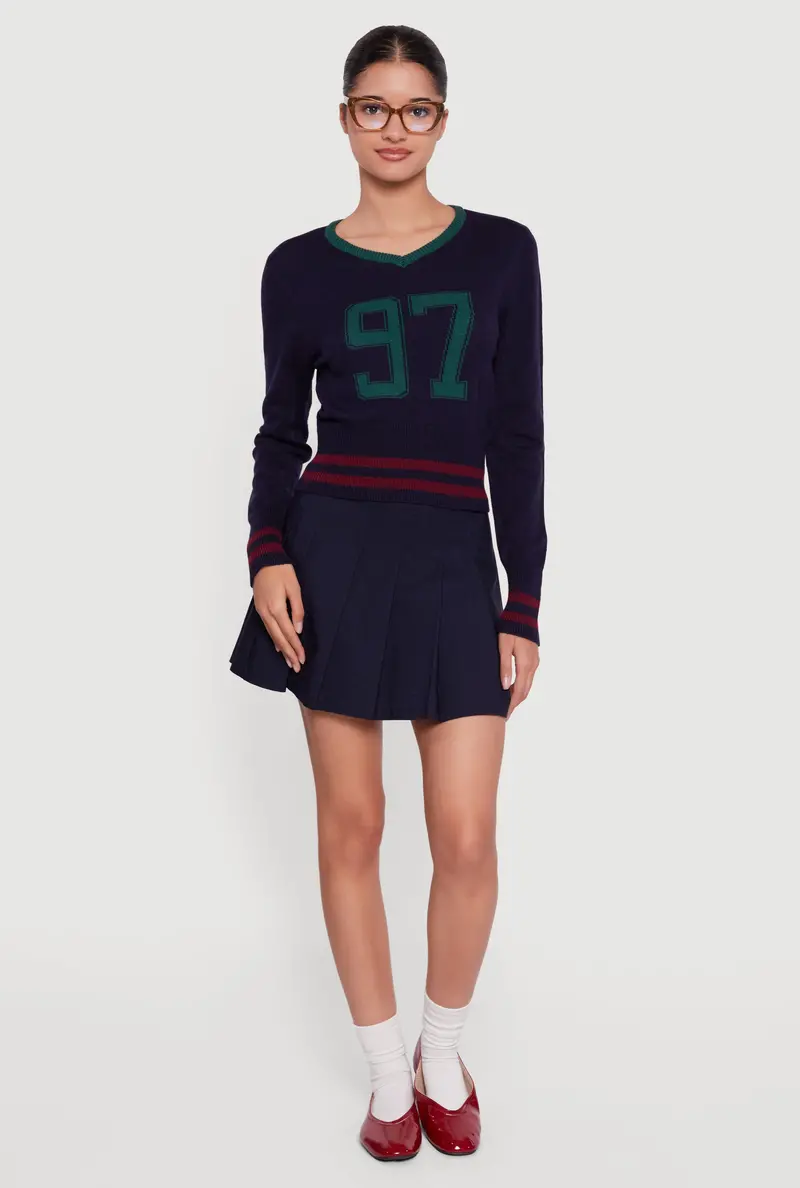 Retro-Inspired 97 Varsity Stripe V-Neck Knit Sweater 1