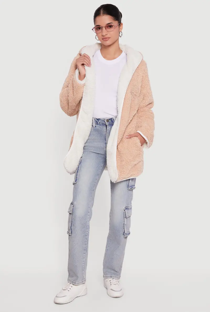 Reversible Hooded Sherpa Jacket In Contrasting Panels 1