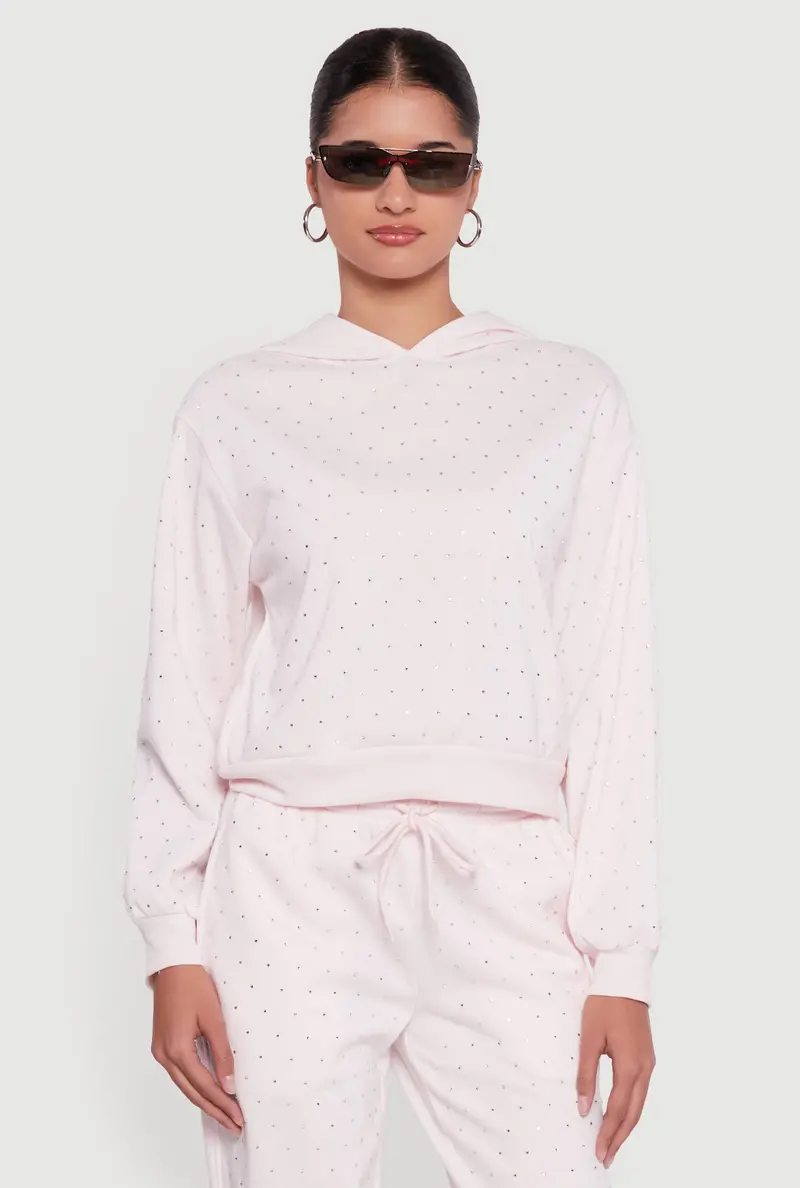 Rhinestone-Detailed Fleece Pullover Hoodie 1