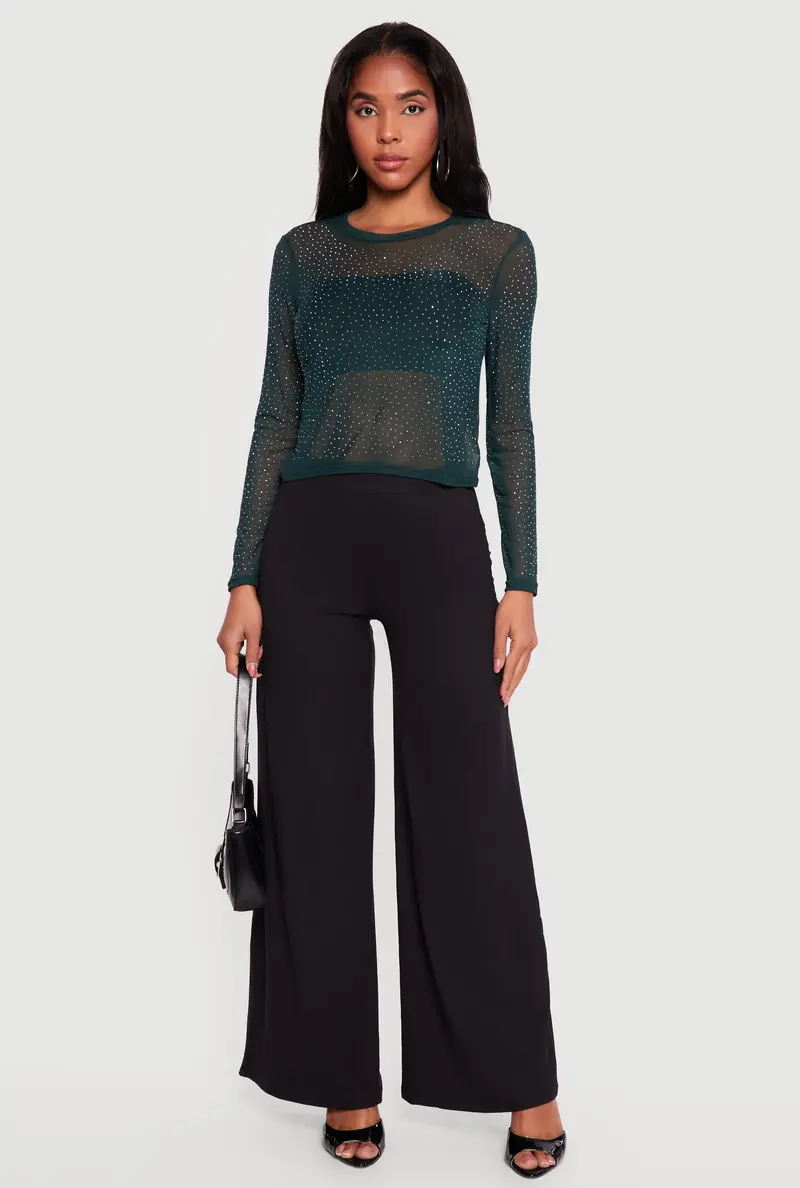 Rhinestone-Embellished Mesh Long-Sleeve Top 1