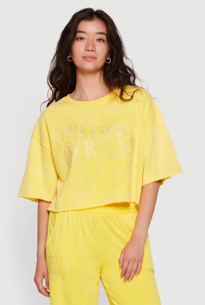 Rhinestone-Embellished Raw-Hem Sweatshirt – Short Sleeve 1