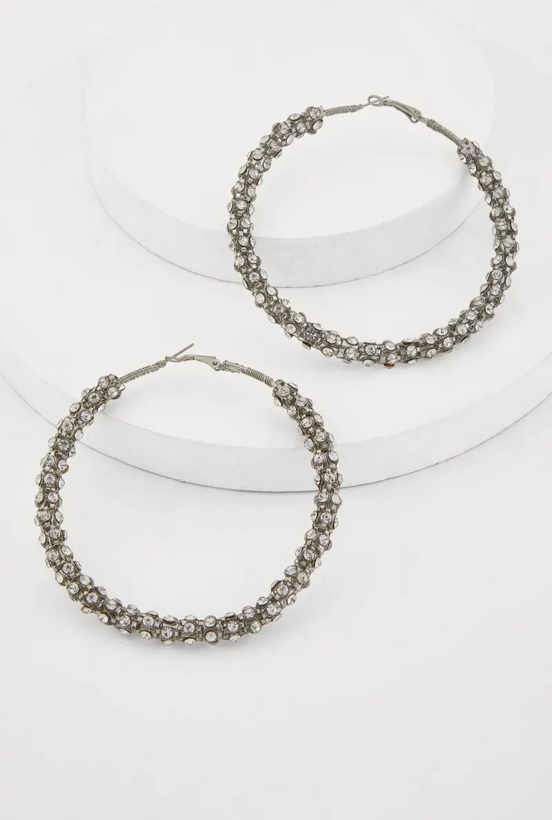 Rhinestone-Encrusted Metallic Hoop Earrings 1