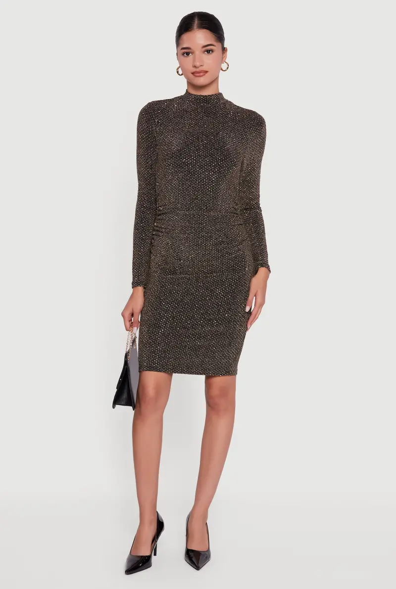 Rhinestone-Studded Long Sleeve Dress With Side Ruching And Lurex Threads 1