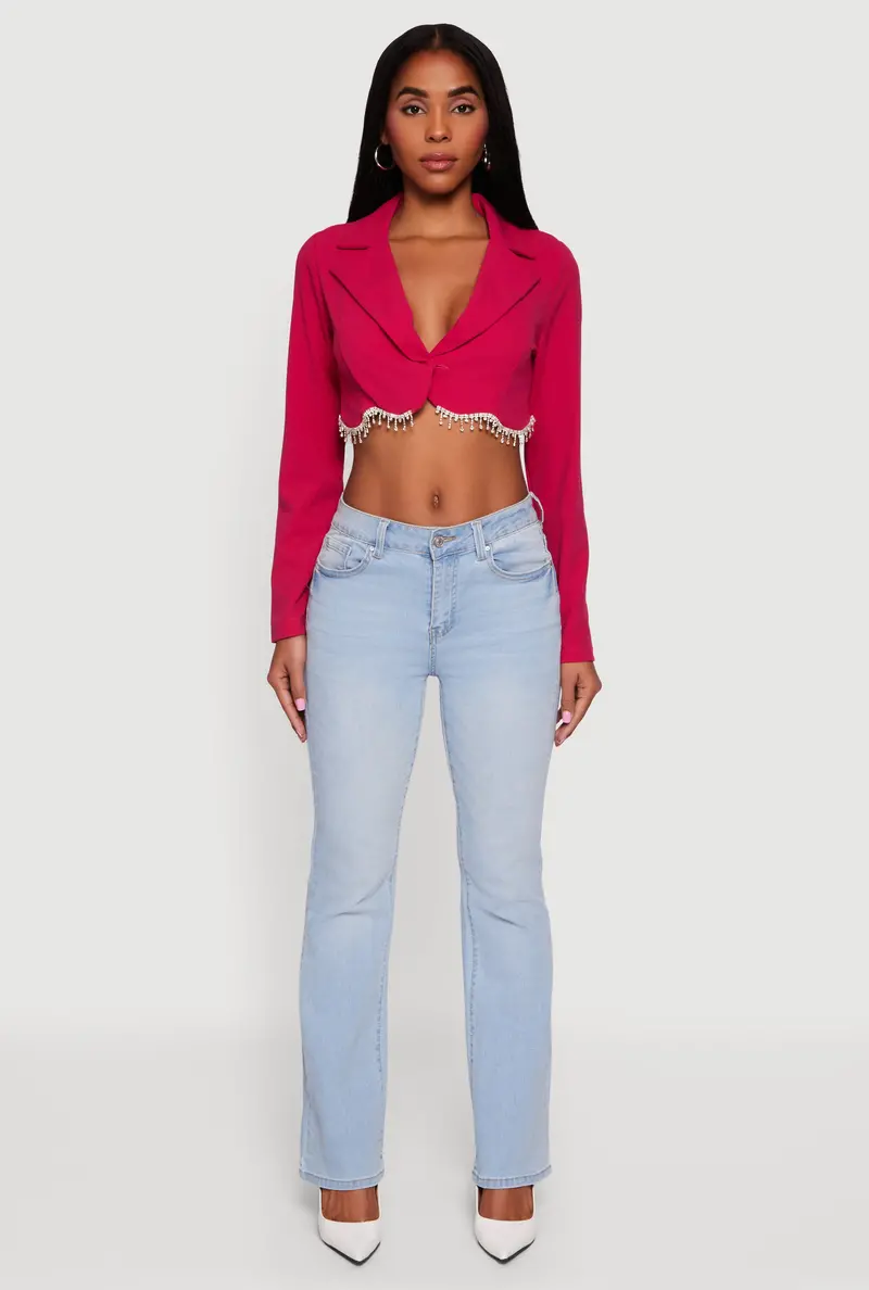 Rhinestone-Trimmed Cropped Crepe Knit Blazer 1