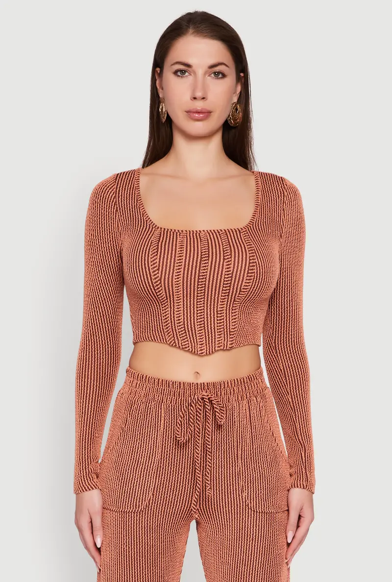 Rib-Knit Corset-Style Crop Top With Shadow Stripe 1
