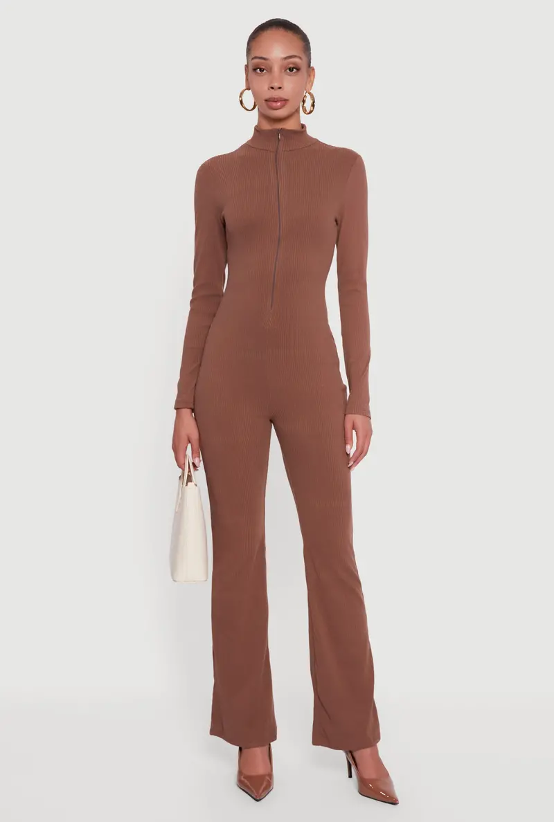 Rib-Knit Jumpsuit With Front Zip And Turtleneck Collar 1