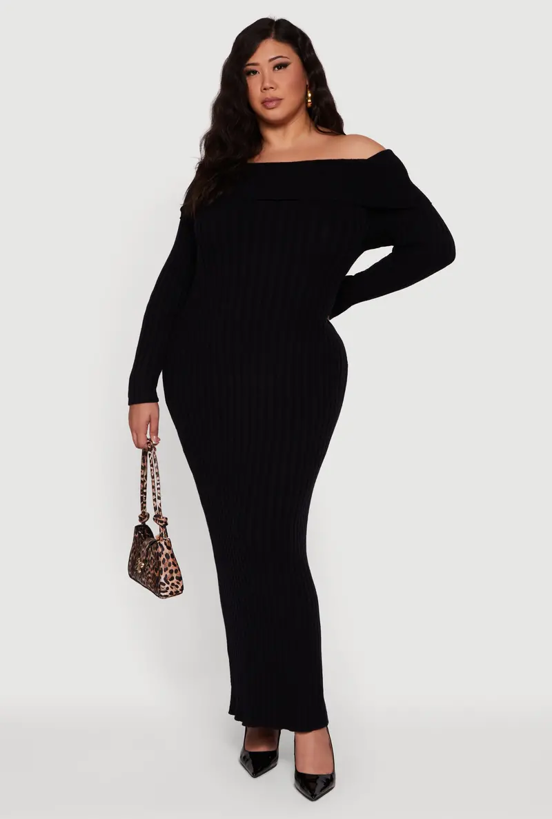 Rib-Knit Off-The-Shoulder Maxi Dress – Plus Size 1