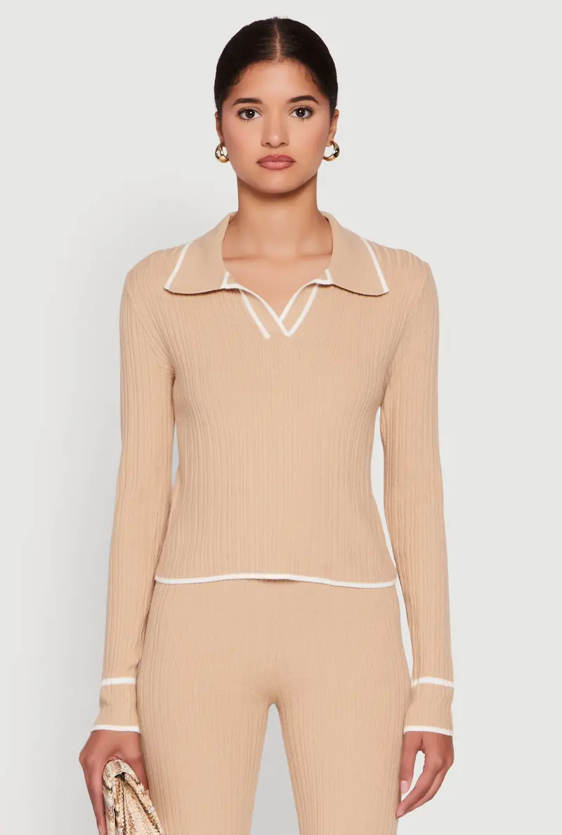 Rib-Knit Polo Sweater With Long Sleeves And Contrast Accents 1