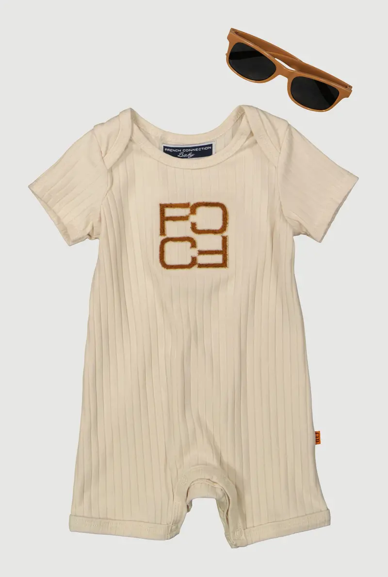 Ribbed Chenille-Patch Romper Set For Infant Boys (0–9 Months) With Sunglasses 1