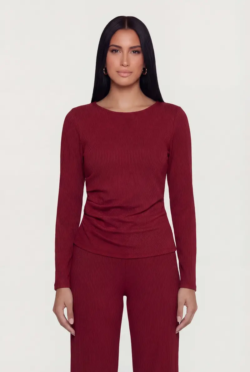 Ribbed Knit Blouse With Side Ruching And Long Sleeves 1