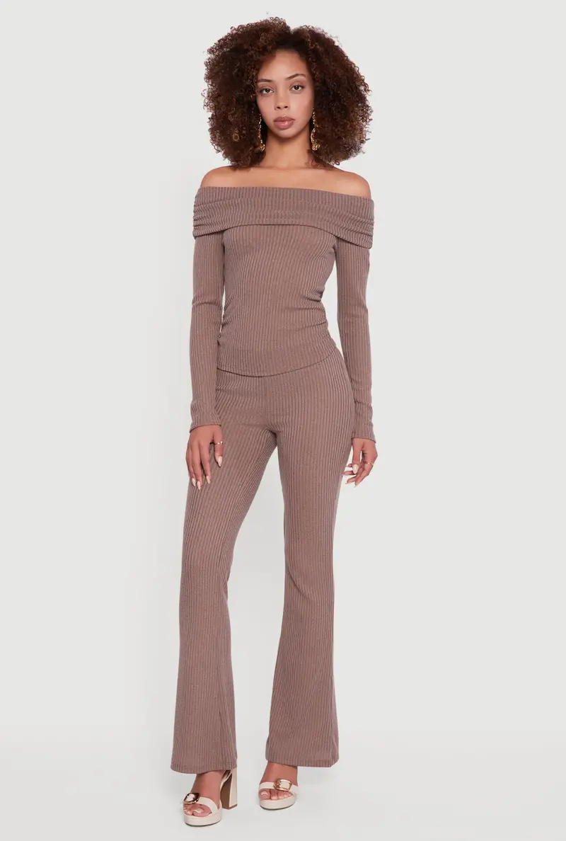 Ribbed Knit Flare-Leg Casual Trousers 1