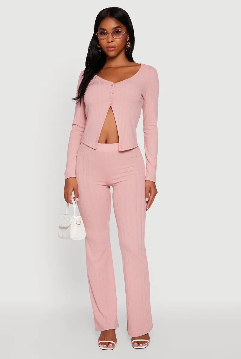 Ribbed Knit High-Waisted Flared Pants 1
