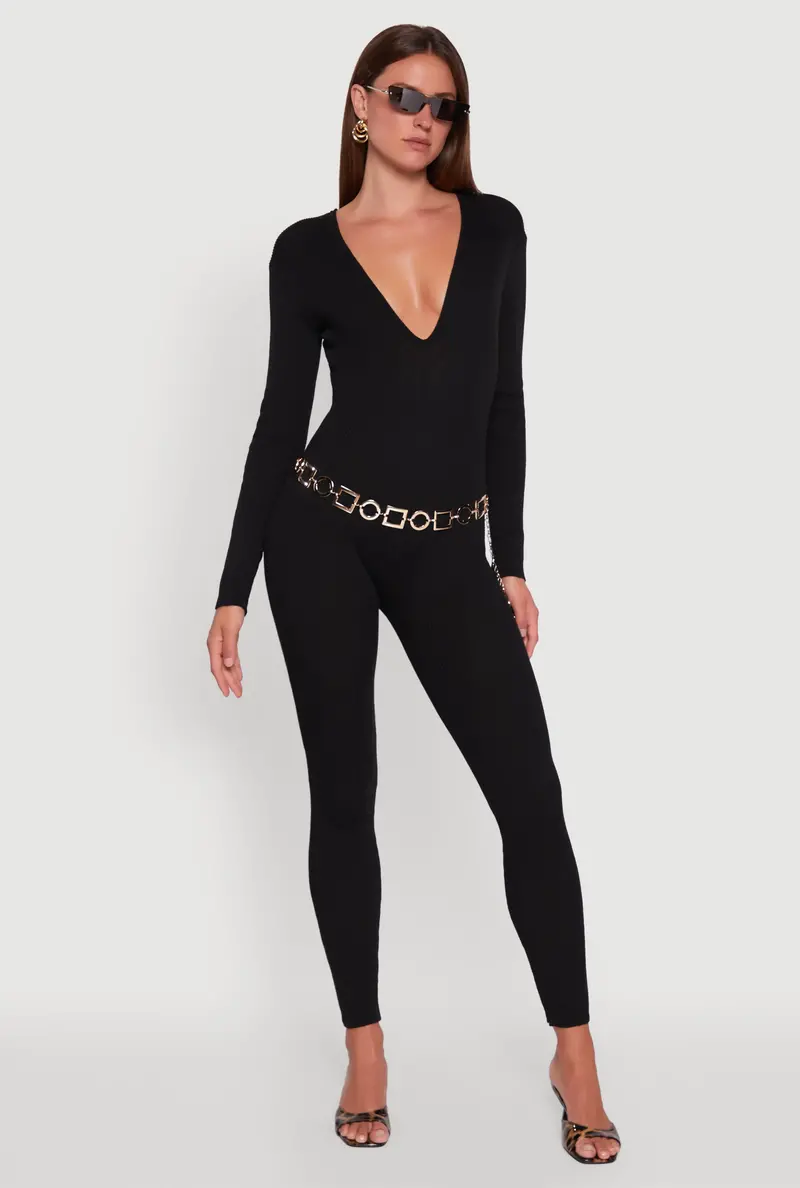Ribbed Knit Jumpsuit With Lace-Up Back & Long Sleeves 1