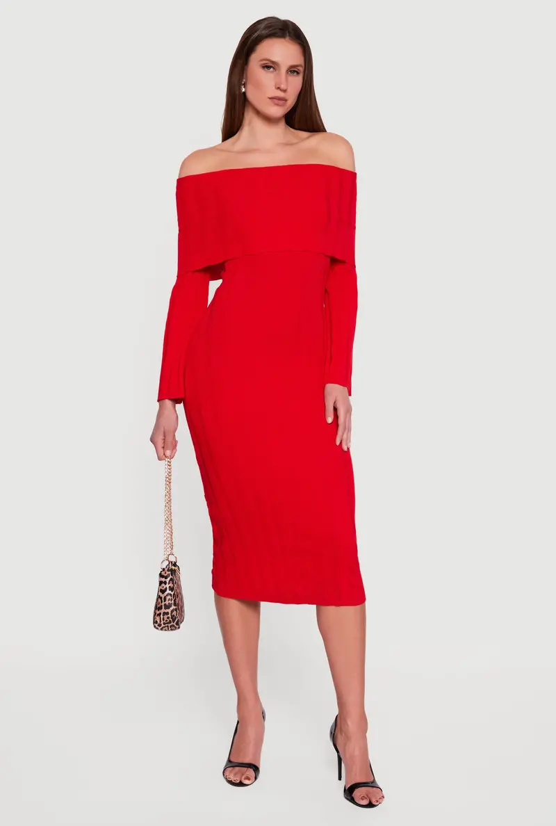 Ribbed Knit Midi Dress – Fold-Over Off-Shoulder Neckline 1