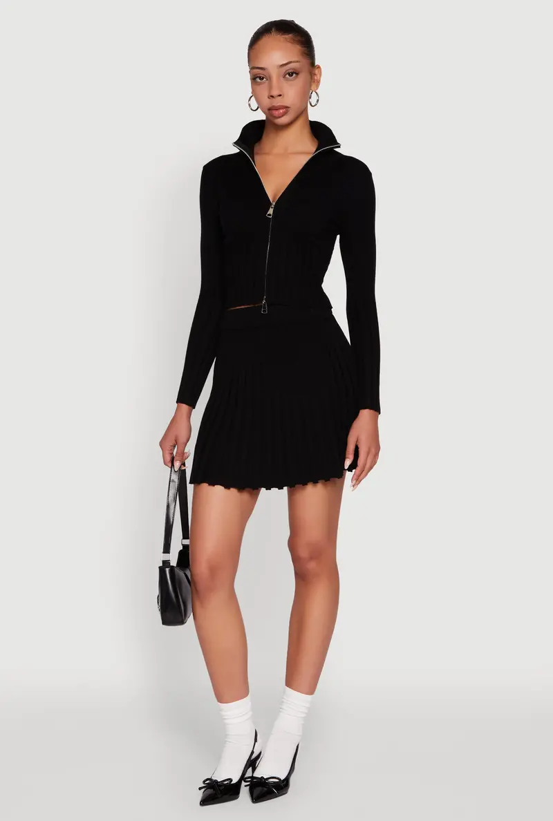 Ribbed Knit Mini Skirt With Mid-Rise Waist And Soft Pleated Texture 1