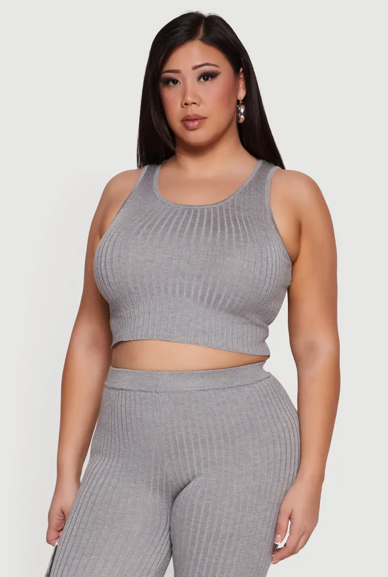 Ribbed Knit Sleeveless Crop Top – Scoop Neck, Plus Size 1