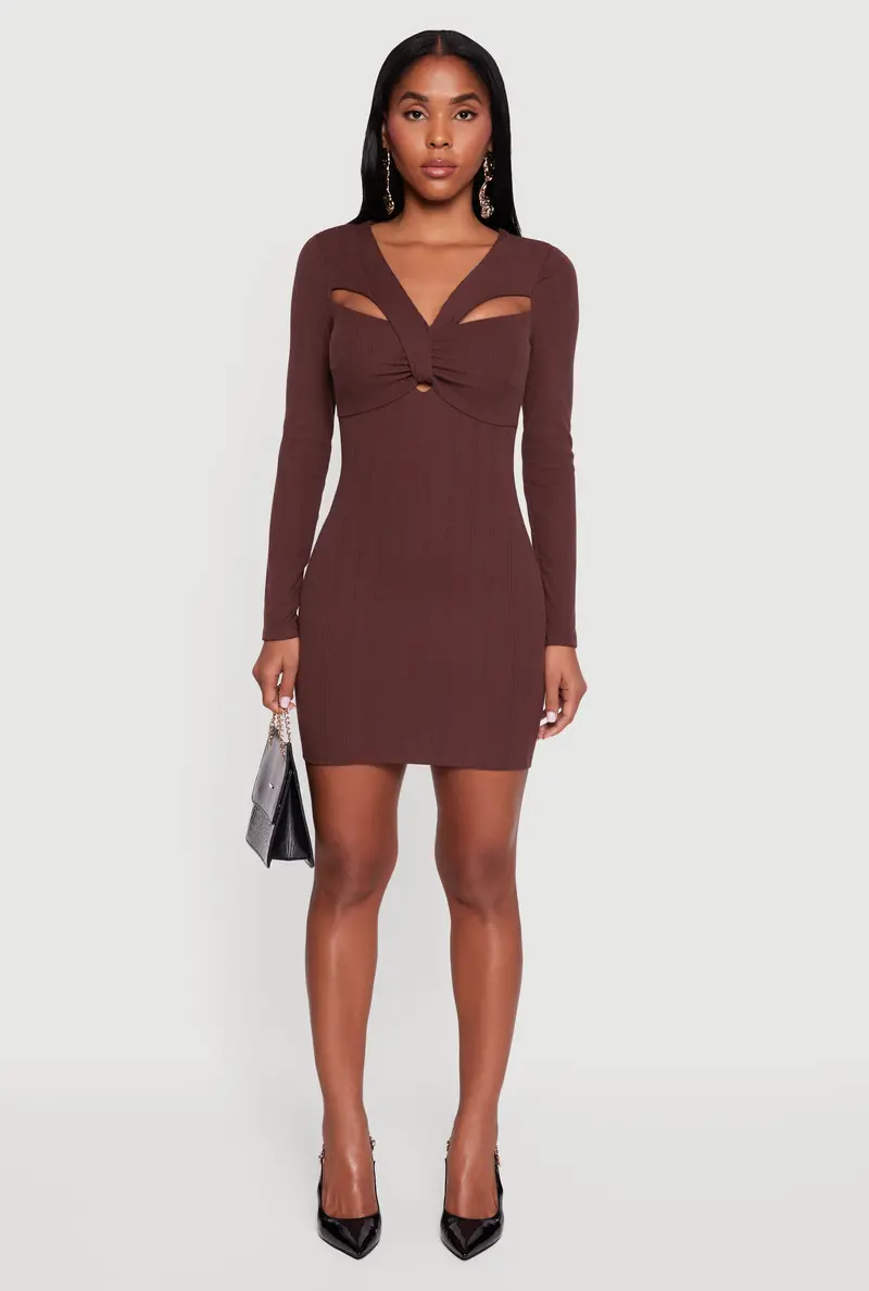 Ribbed Knit Twist-Front Mini Dress With Padded Cups 1