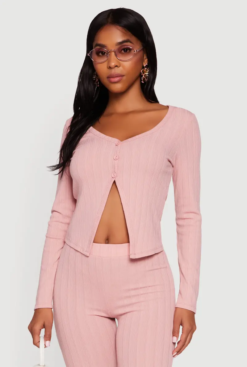 Ribbed Knit V-Neck Top With Front Slit 1