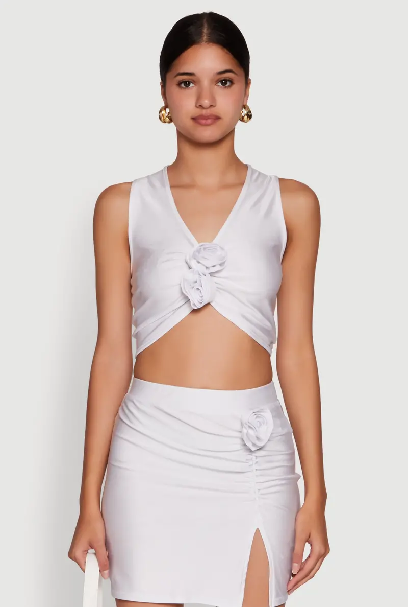 Rose Embellished Sleeveless V-Neck Ruched Crop Top 1