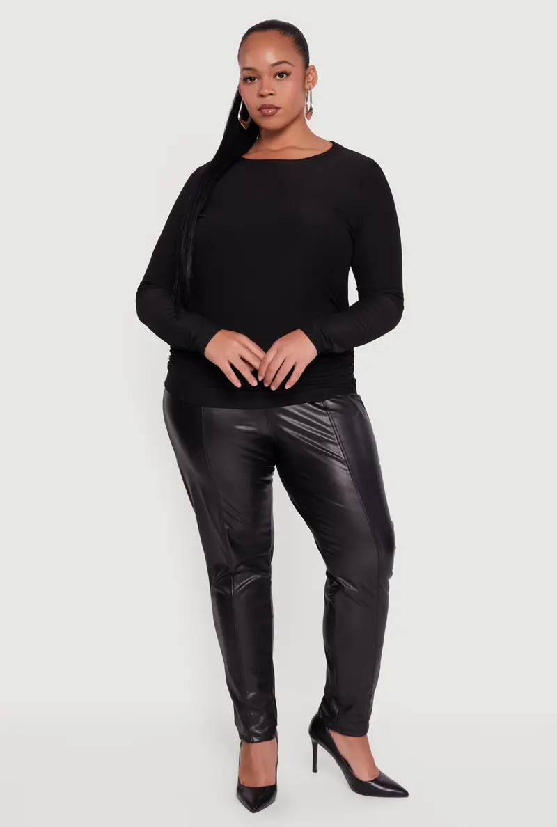 Ruched Solid Crew Neck Long Sleeve Top – Curvy Comfort 1