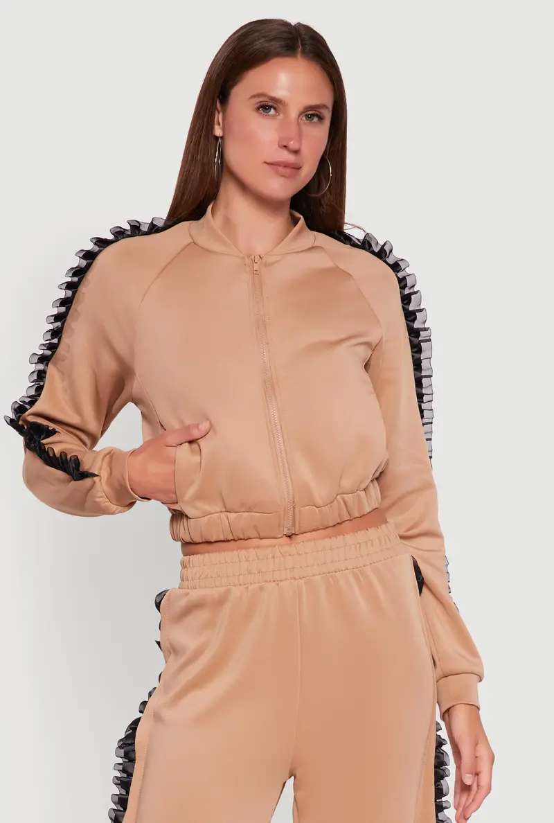 Ruffle Detail Organza Long Sleeve Jacket – Zip-Front Style 1