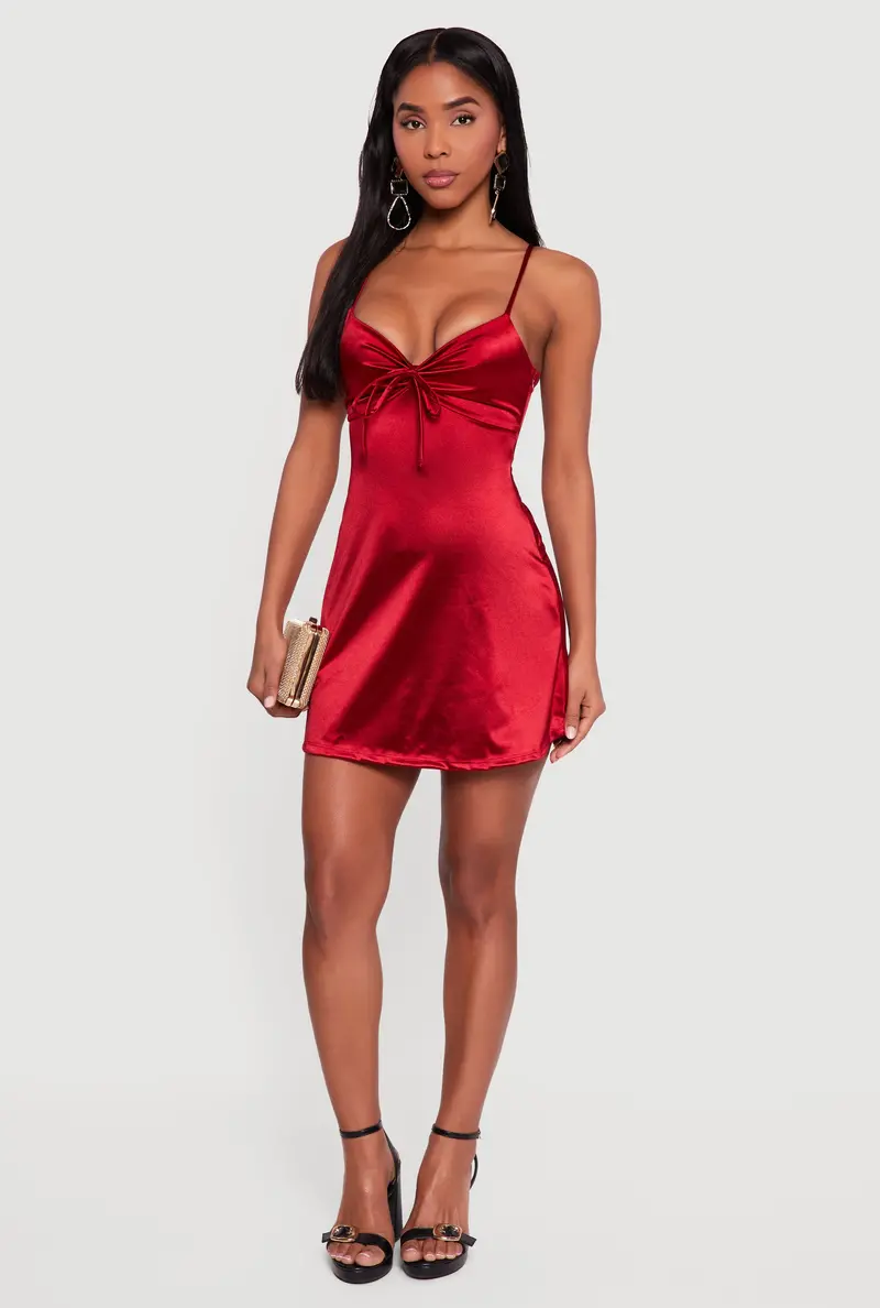 Satin Mini Dress With V-Neck, Bow-Front Accent, And Clean Lines 1
