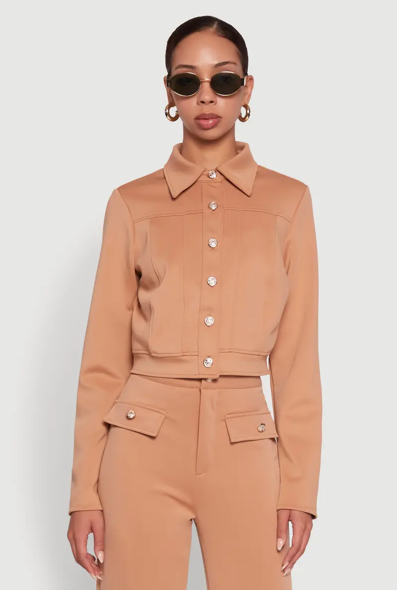 Scuba-Style Cropped Shacket With Metallic Buttons 1