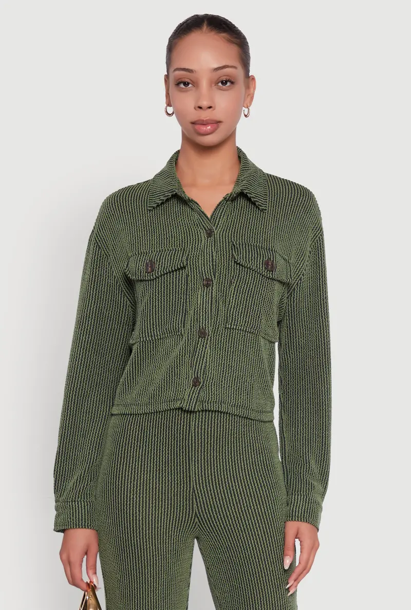 Shadow Stripe Rib Knit Cropped Shirt – Button-Front Design 1