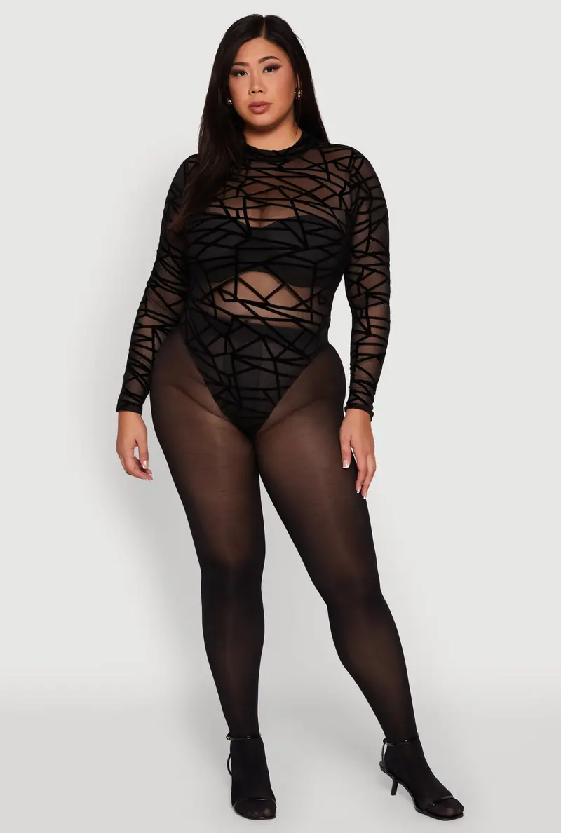 Sheer Velvet Burnout Bodysuit With Geometric Print – Curvy Fit 1