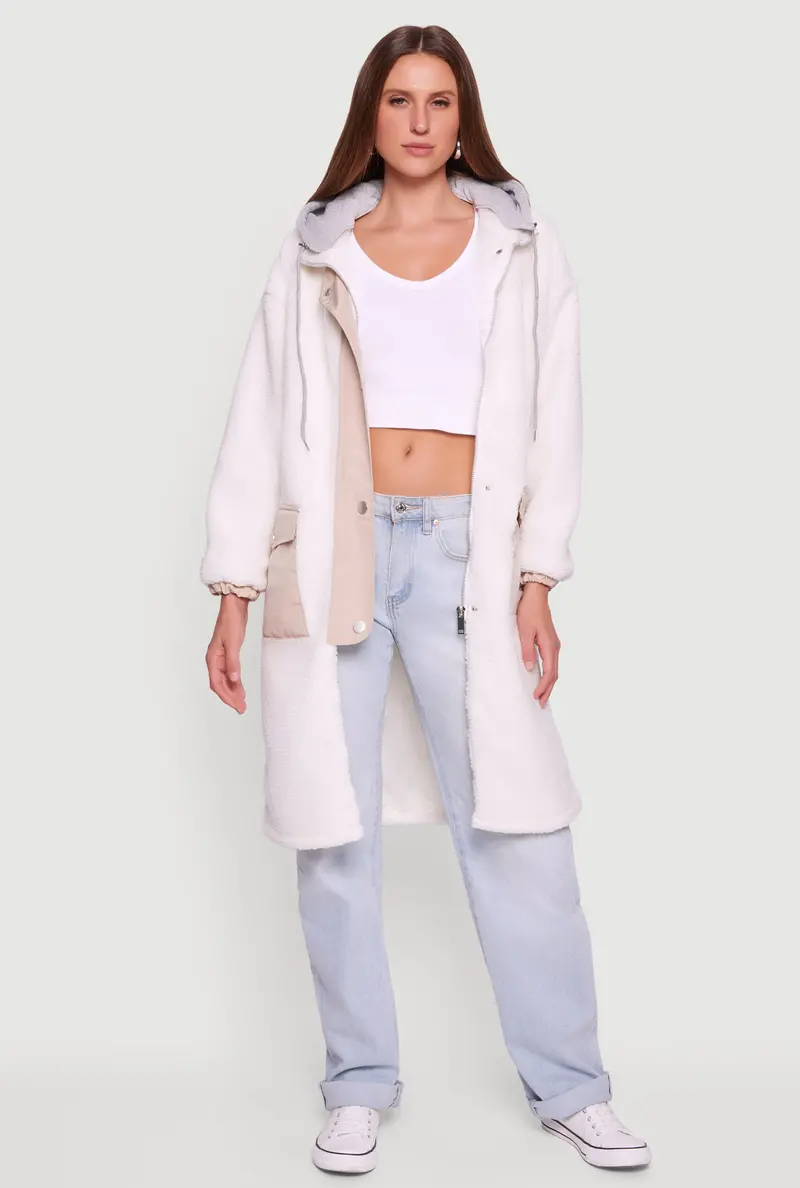 Sherpa Coat With Snap Buttons, Zip Front, And Optional Hood 1