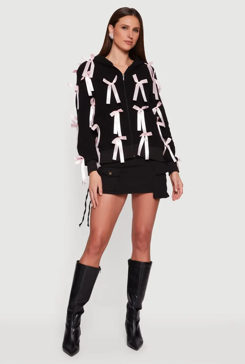 Sherpa-Lined Hooded Jacket With Bow Detail And Zip Front 1
