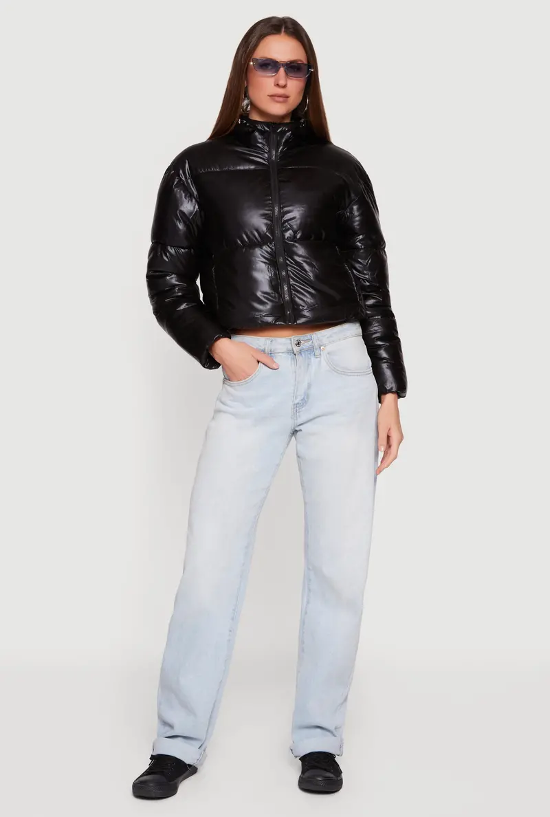 Shiny Finish Hooded Puffer Jacket With Secure Zip Pockets 1