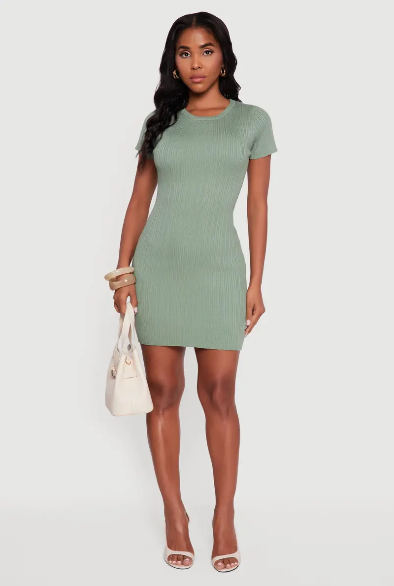 Short-Sleeve Ribbed-Knit Sweater Dress 1