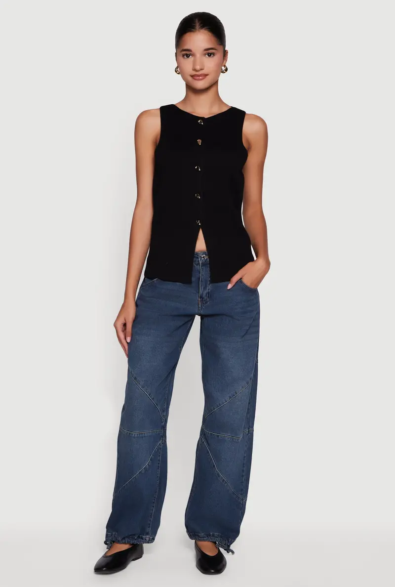 Sleek Metallic Button-Front Sleeveless Knit Top 1