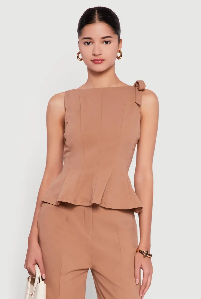 Sleeveless Boat-Neck Peplum Top With Bow Accent 1