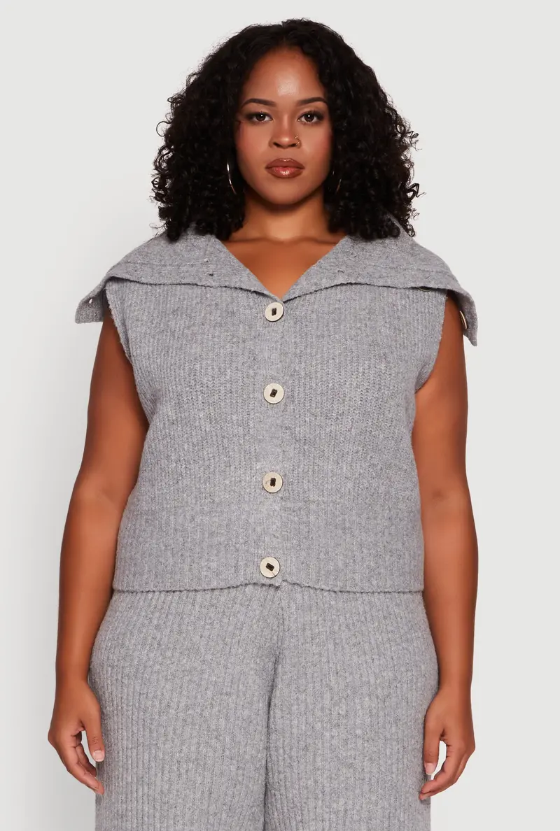 Sleeveless Collared Cardigan With Button-Front Closure – Plus Size 1